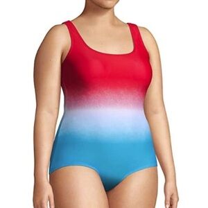 Lands End Red White Blue Ombre Tugless Sporty Modest UPF 50 One Piece Swimsuit